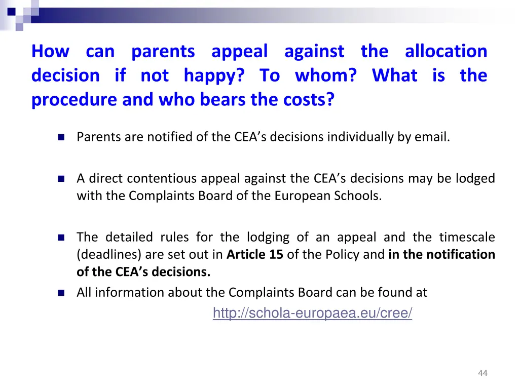 how can parents appeal against the allocation