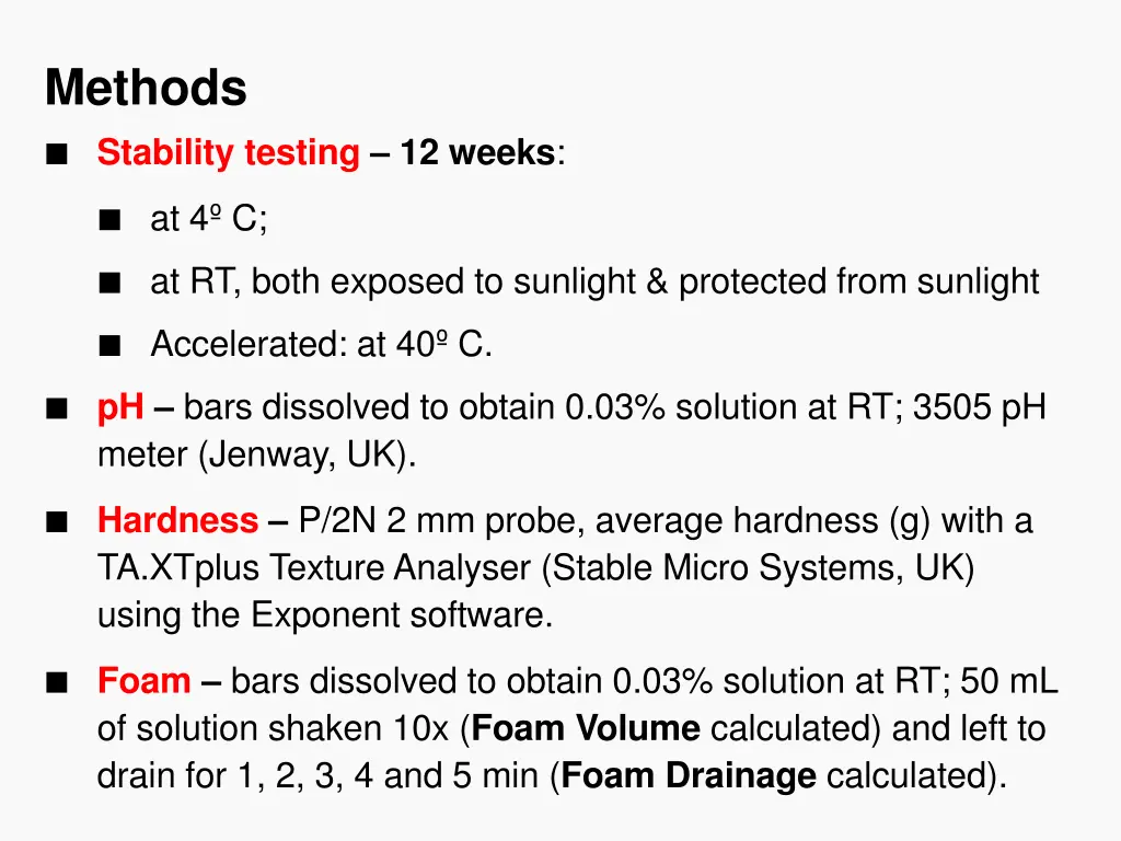 methods stability testing 12 weeks