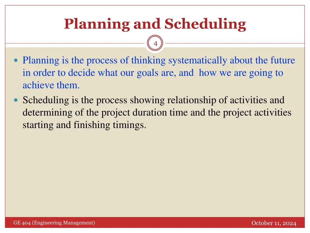 planning and scheduling