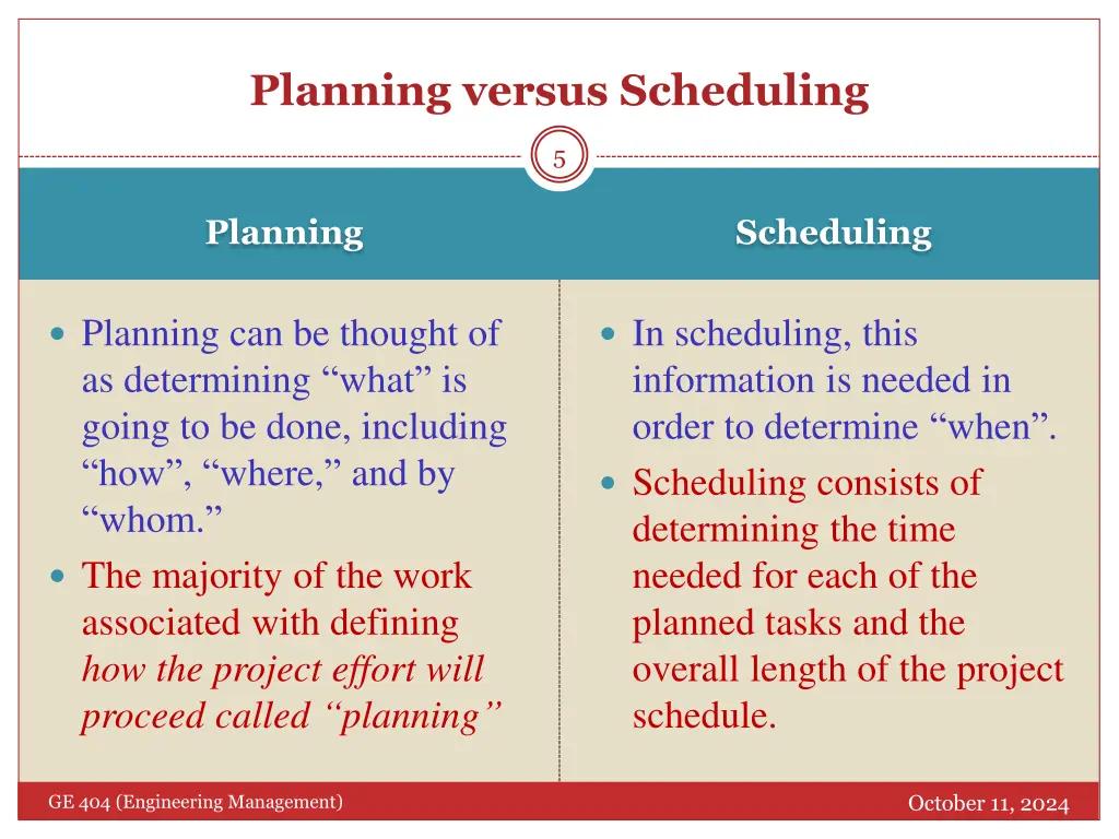 planning versus scheduling