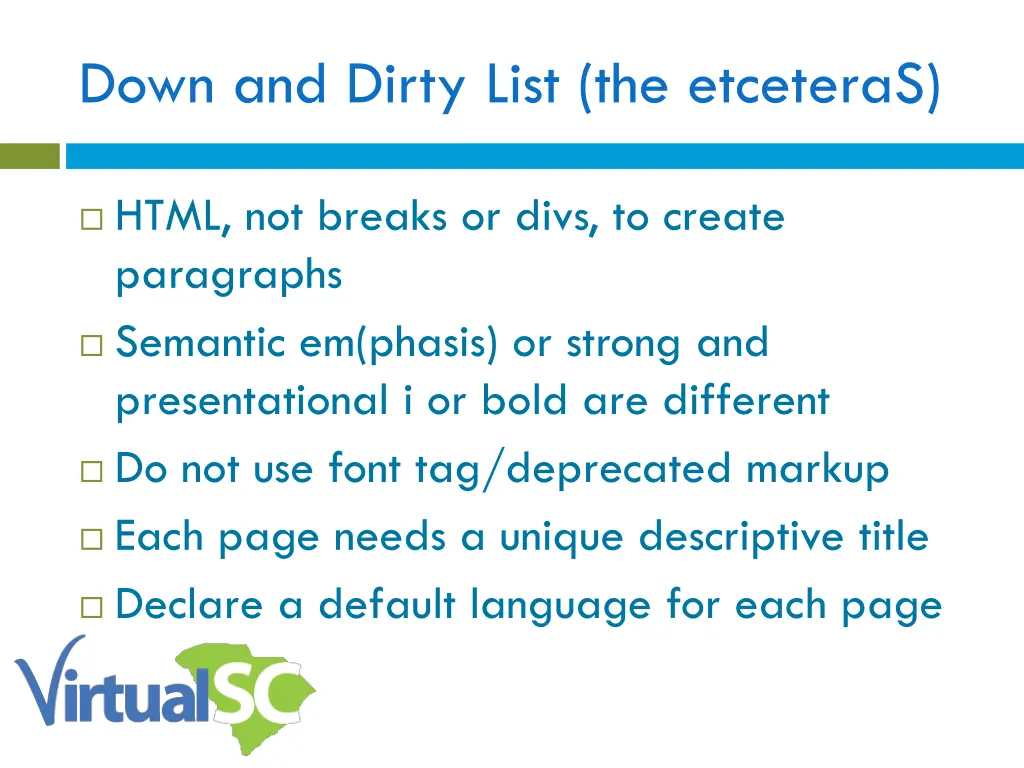 down and dirty list the etceteras