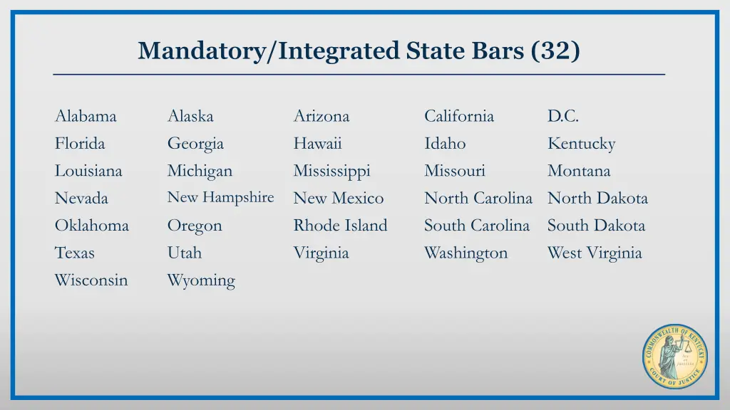 mandatory integrated state bars 32