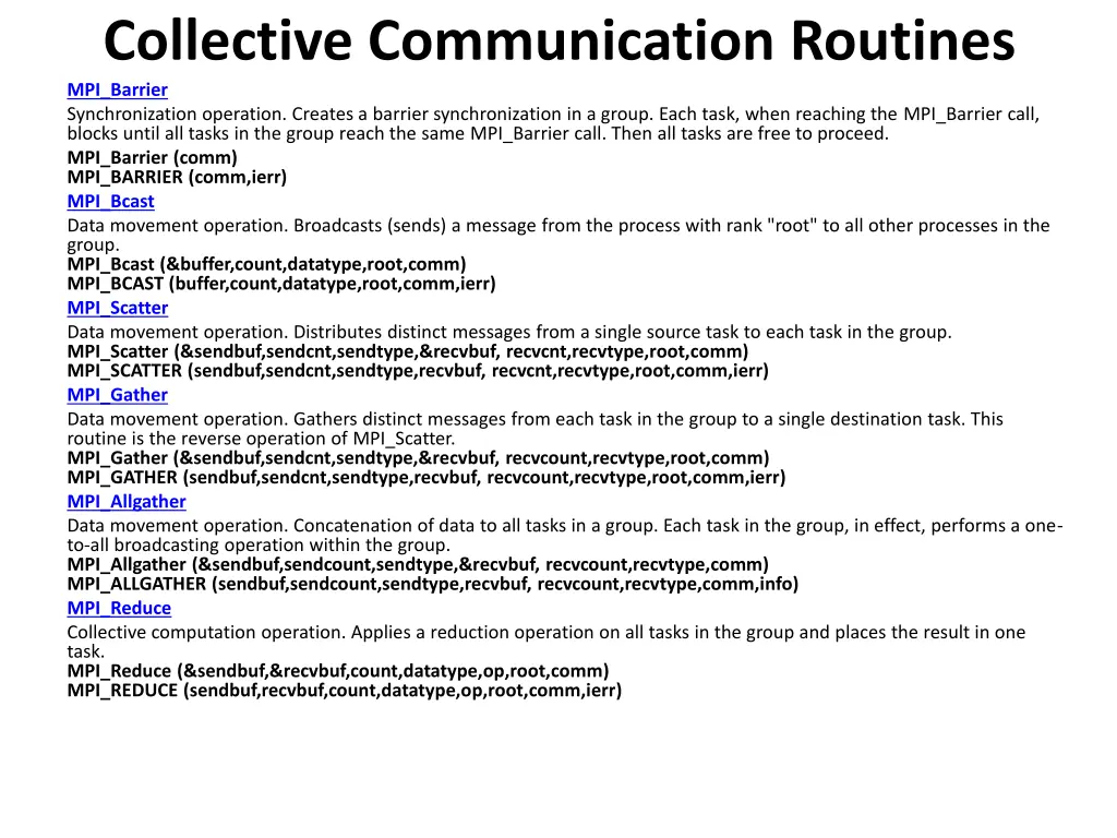 collective communication routines mpi barrier