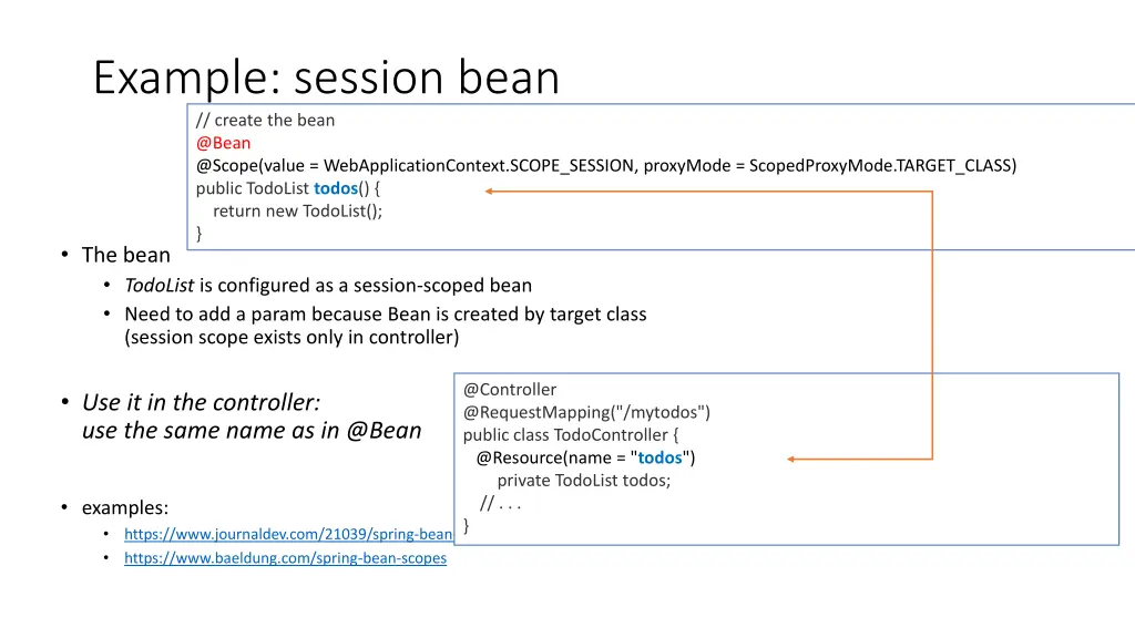 example session bean create the bean @bean @scope