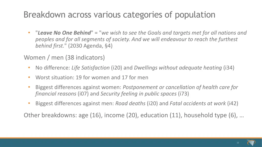 breakdown across various categories of population