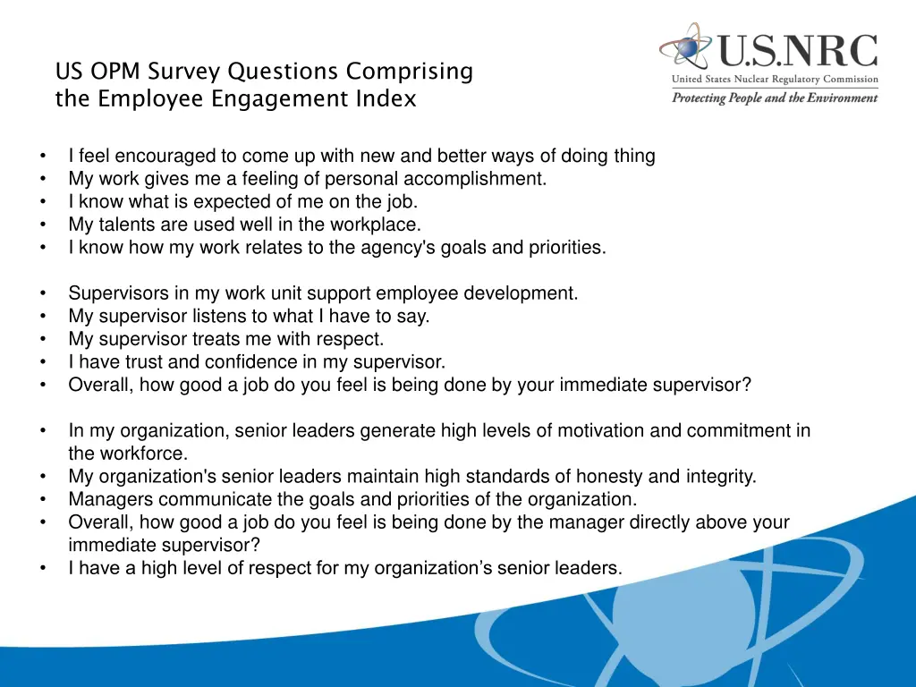 us opm survey questions comprising the employee