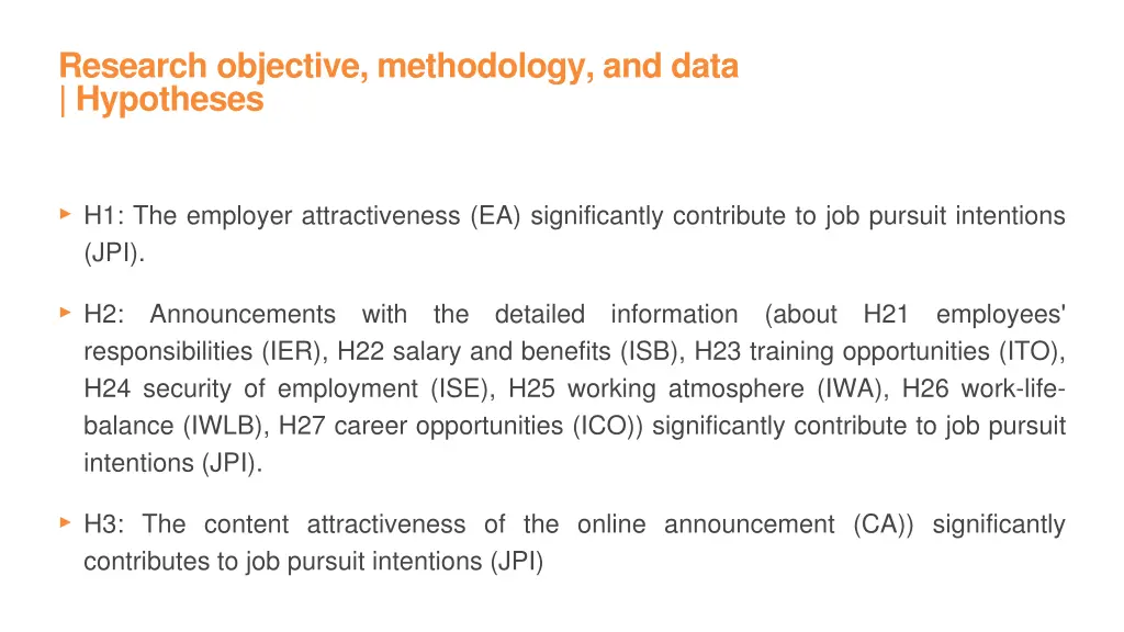 research objective methodology and data hypotheses