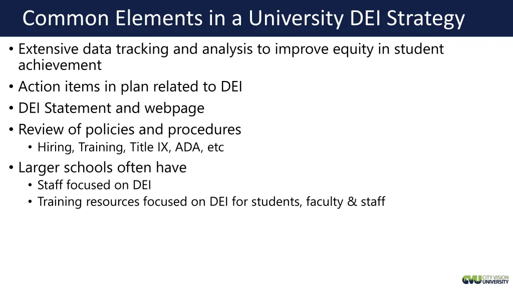 common elements in a university dei strategy