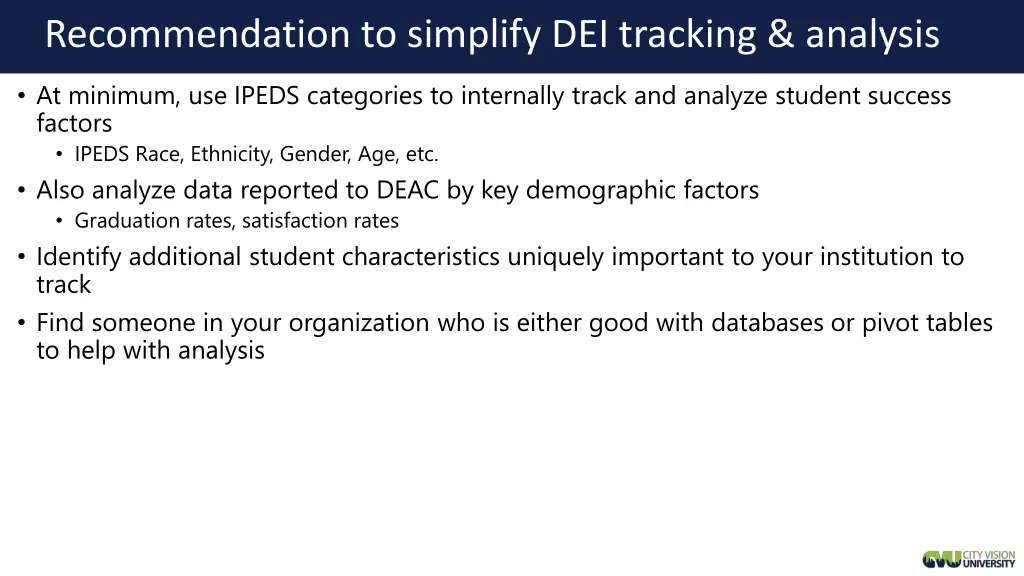 recommendation to simplify dei tracking analysis