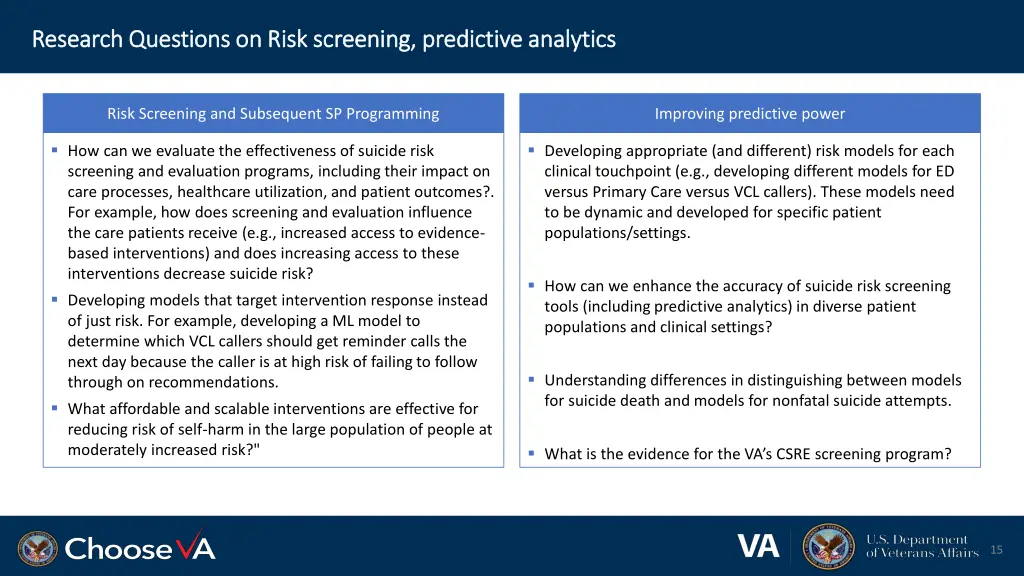 research questions on risk screening predictive