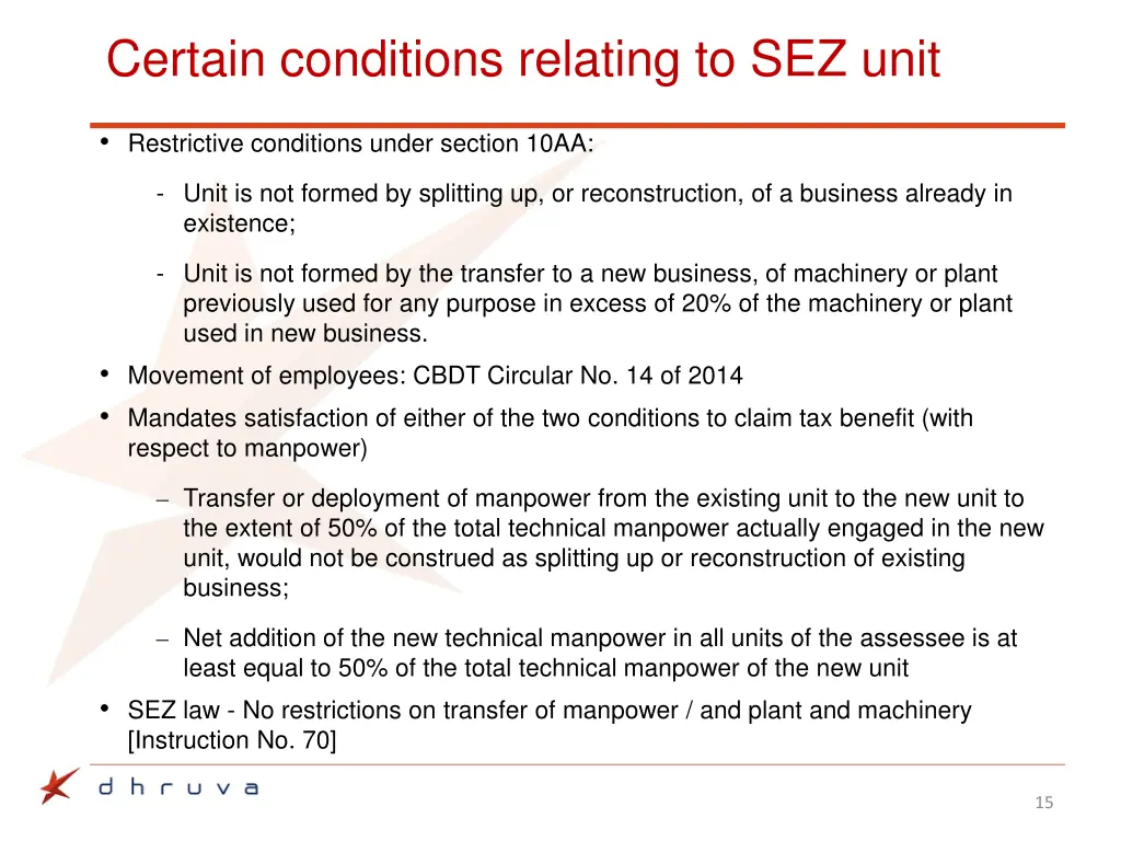 certain conditions relating to sez unit