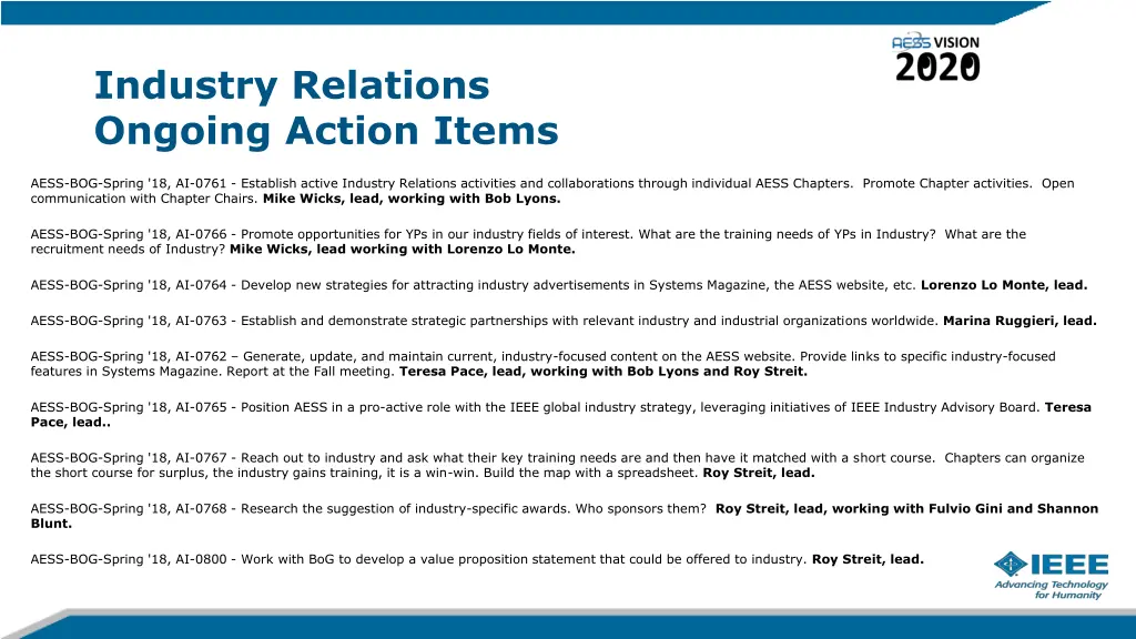 industry relations ongoing action items