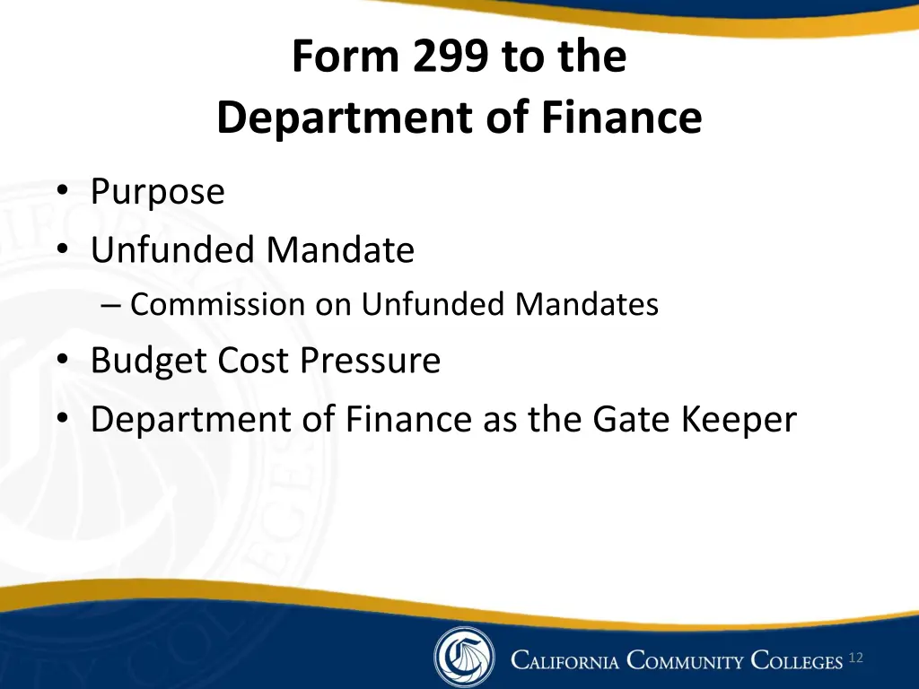 form 299 to the department of finance