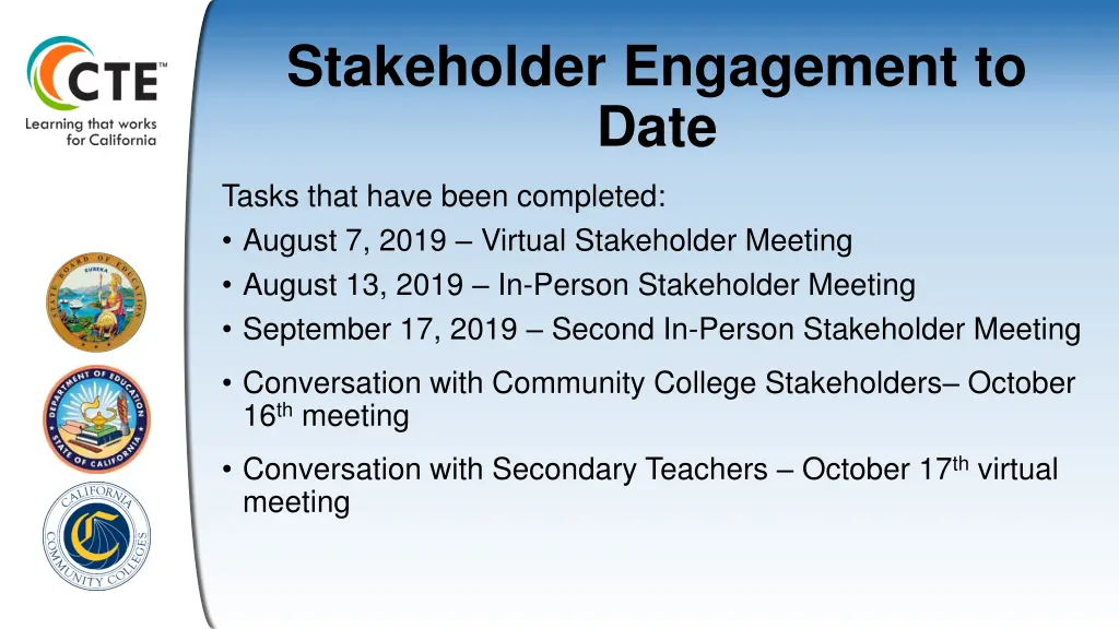 stakeholder engagement to date