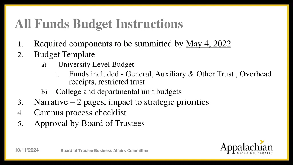 all funds budget instructions