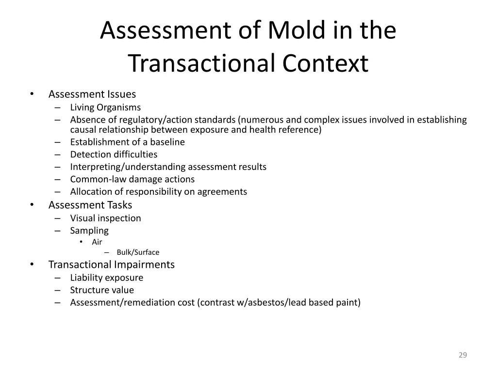 assessment of mold in the transactional context