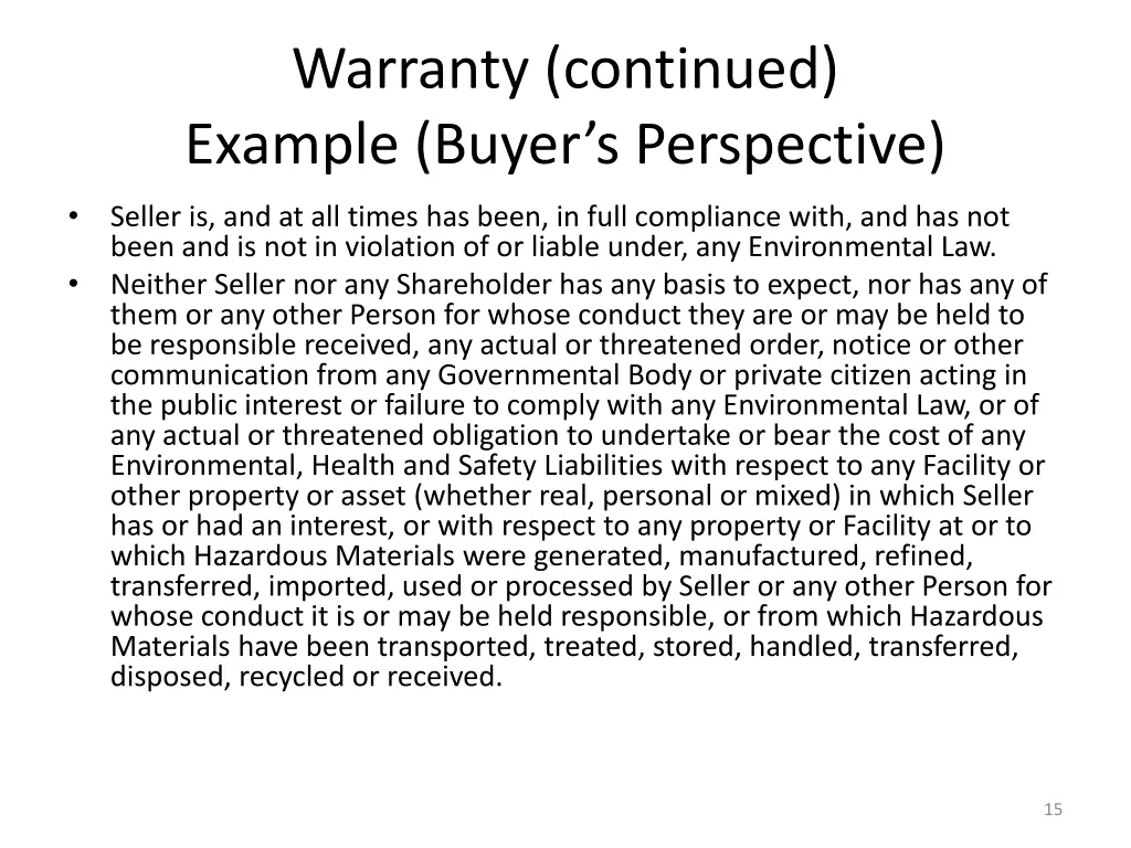 warranty continued example buyer s perspective