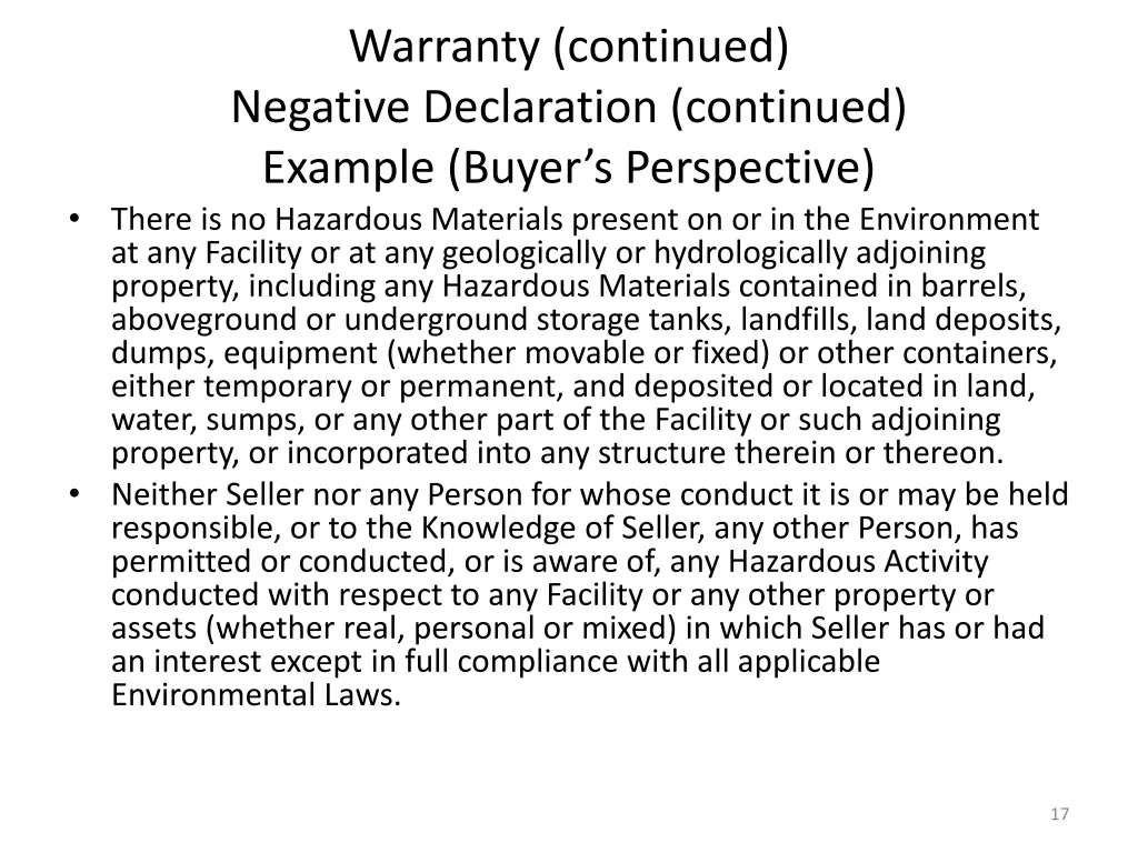 warranty continued negative declaration continued