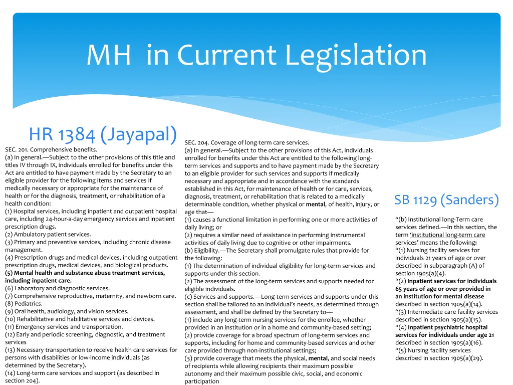 mh in current legislation