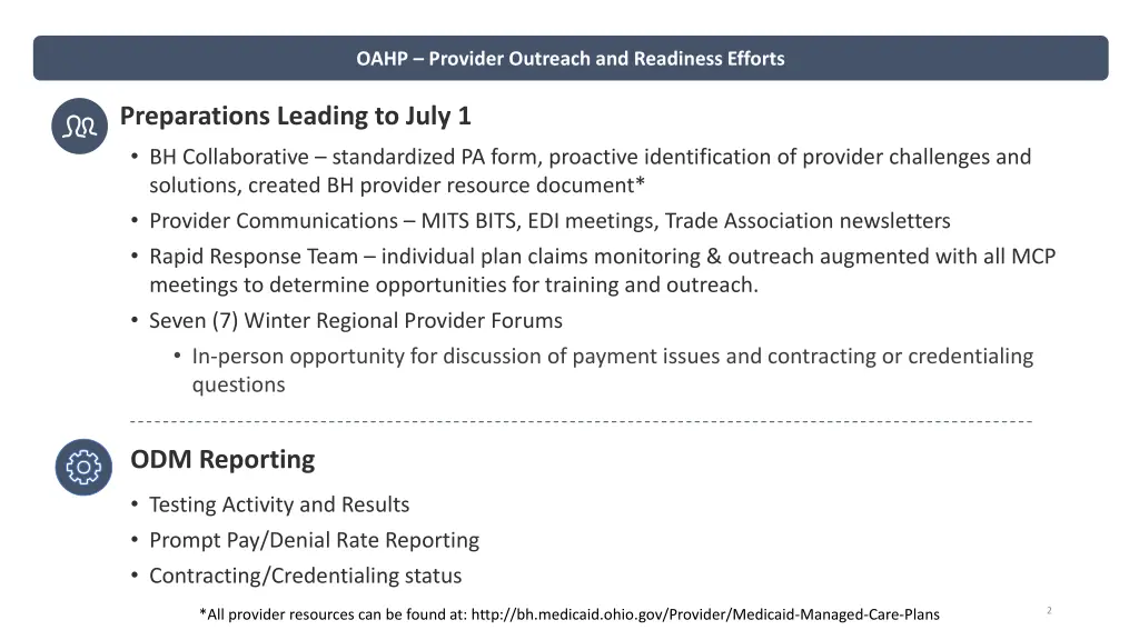 oahp provider outreach and readiness efforts