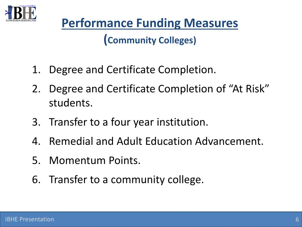 performance funding measures community colleges