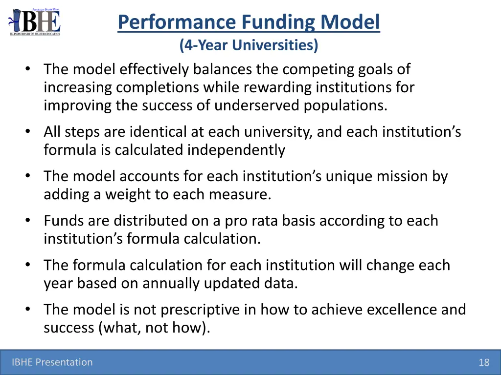 performance funding model 4 year universities