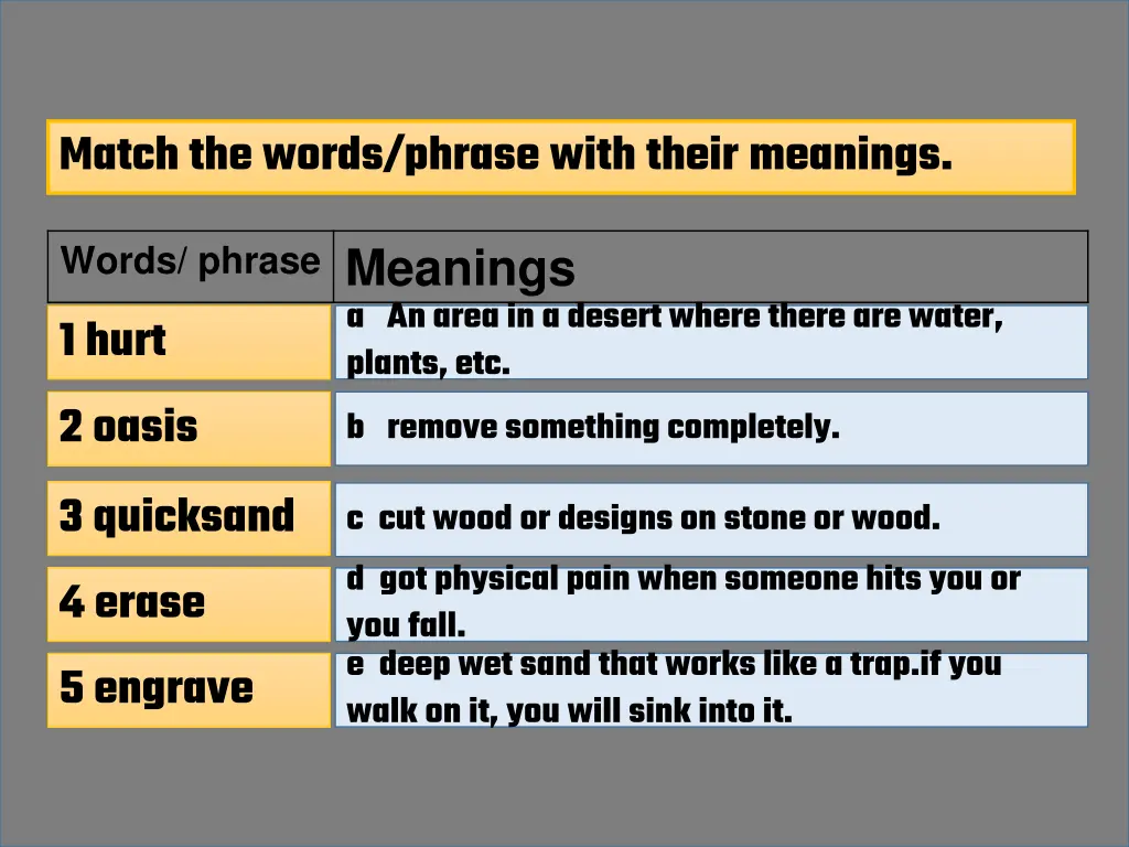 match the words phrase with their meanings