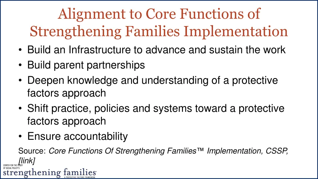 alignment to core functions of strengthening