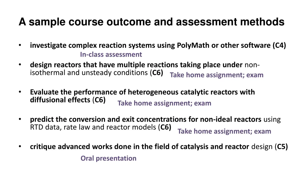 a sample course outcome and assessment methods