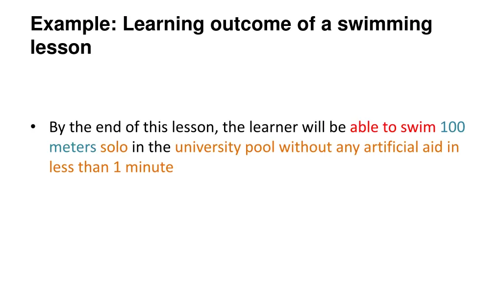 example learning outcome of a swimming lesson