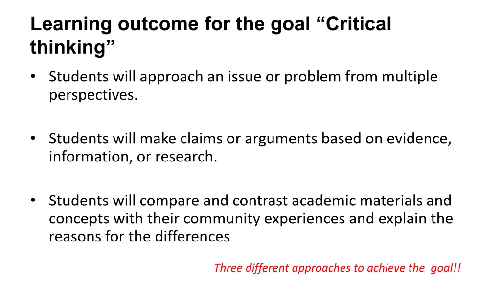 learning outcome for the goal critical thinking 1