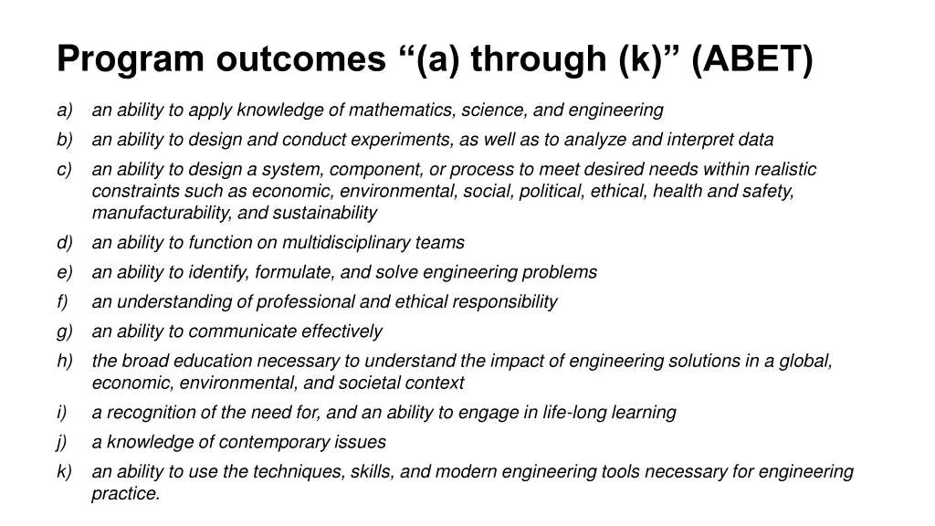 program outcomes a through k abet