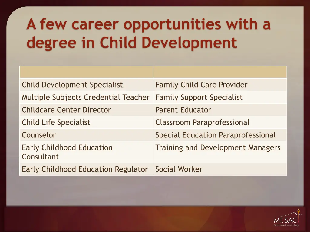 a few career opportunities with a degree in child