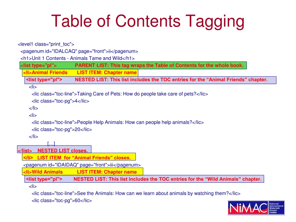 table of contents tagging