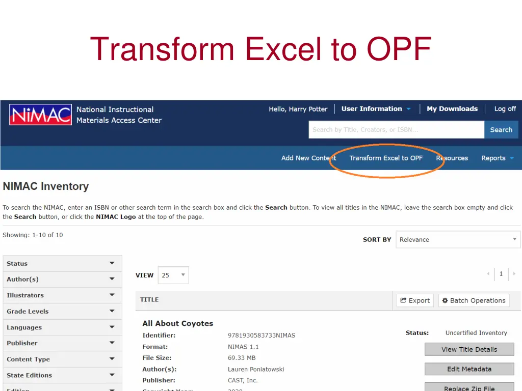 transform excel to opf