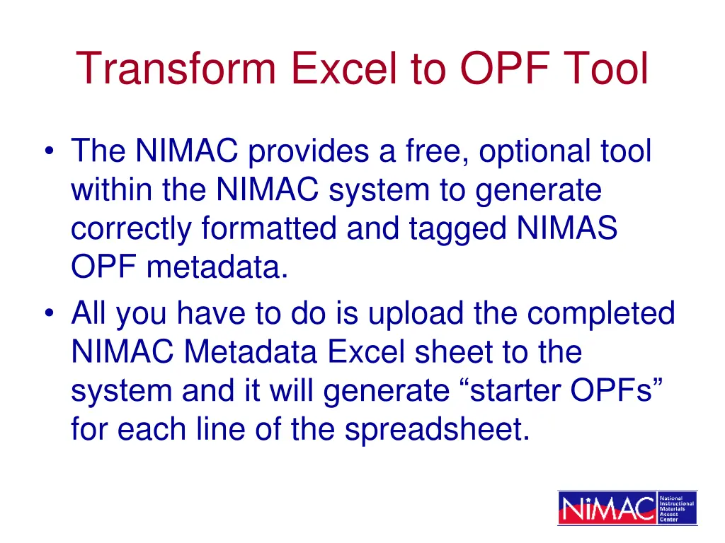 transform excel to opf tool