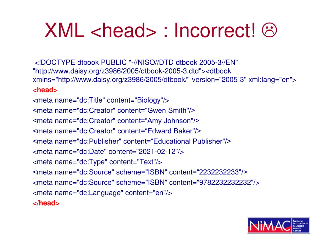 xml head incorrect