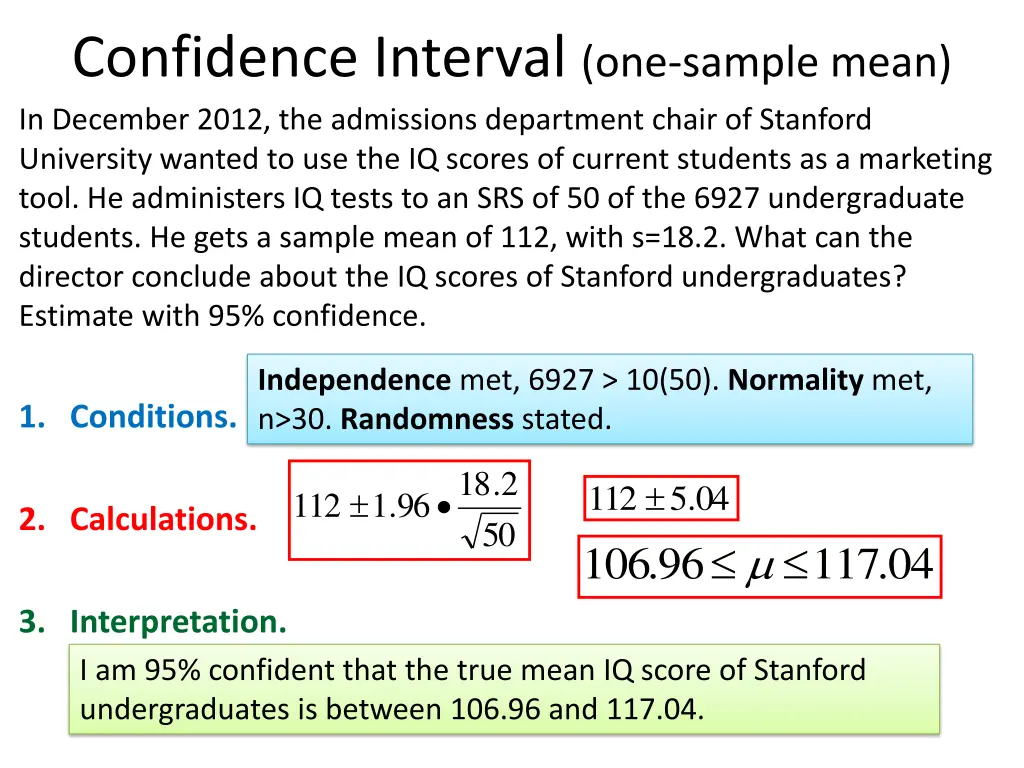 confidence interval one sample mean in december