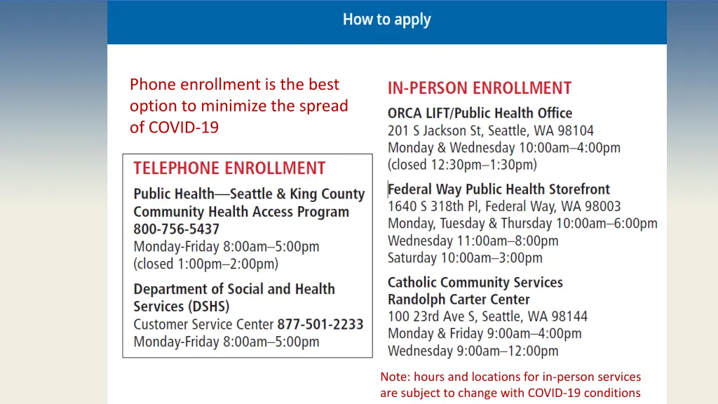 current enrollment locations following agencies