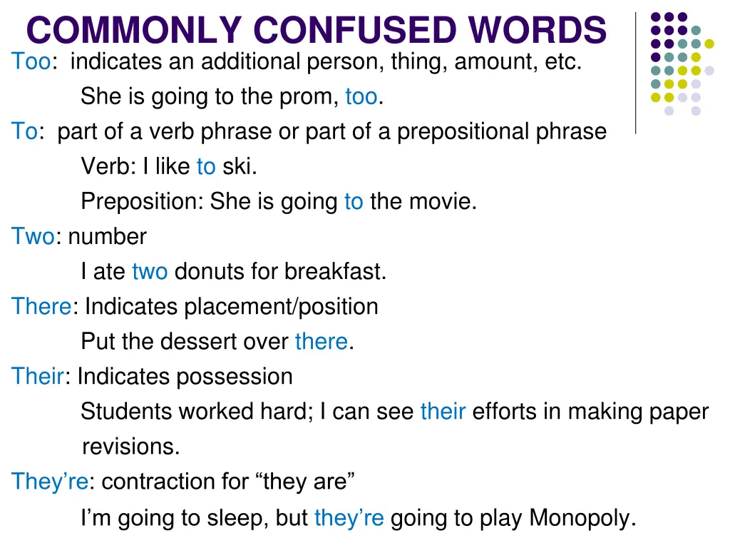 commonly confused words too indicates