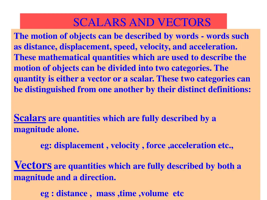 scalars and vectors the motion of objects