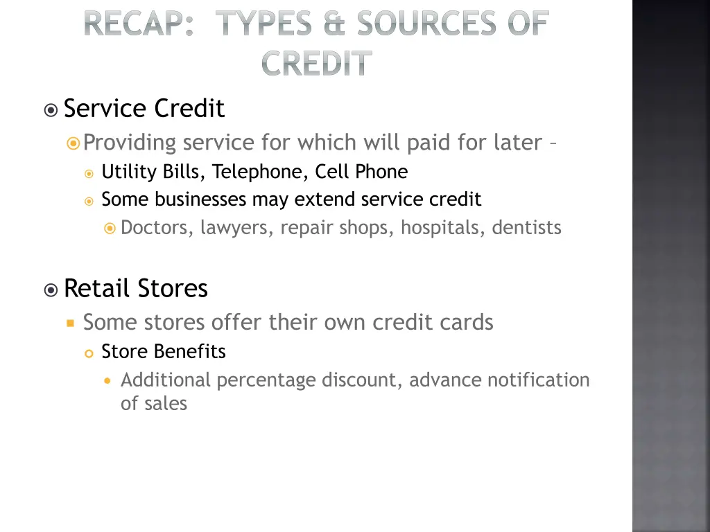 recap types sources of credit