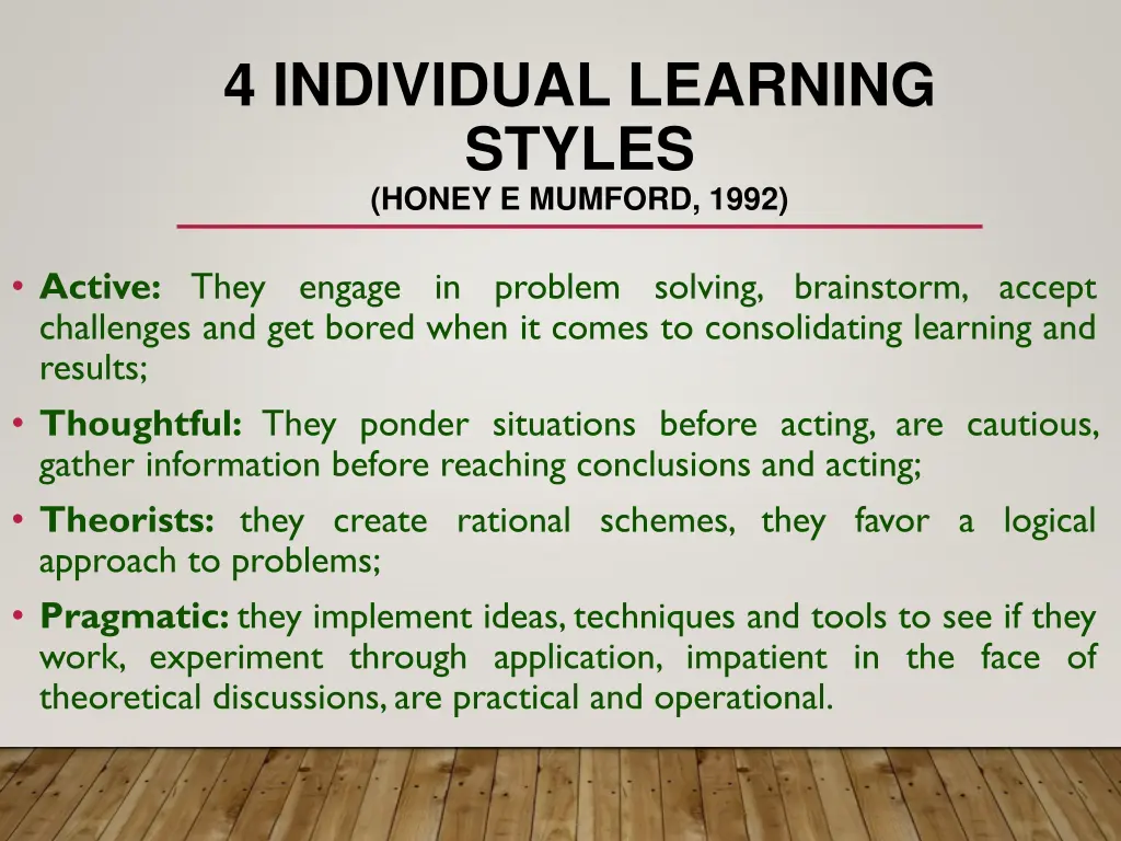 4 individual learning styles honey e mumford 1992