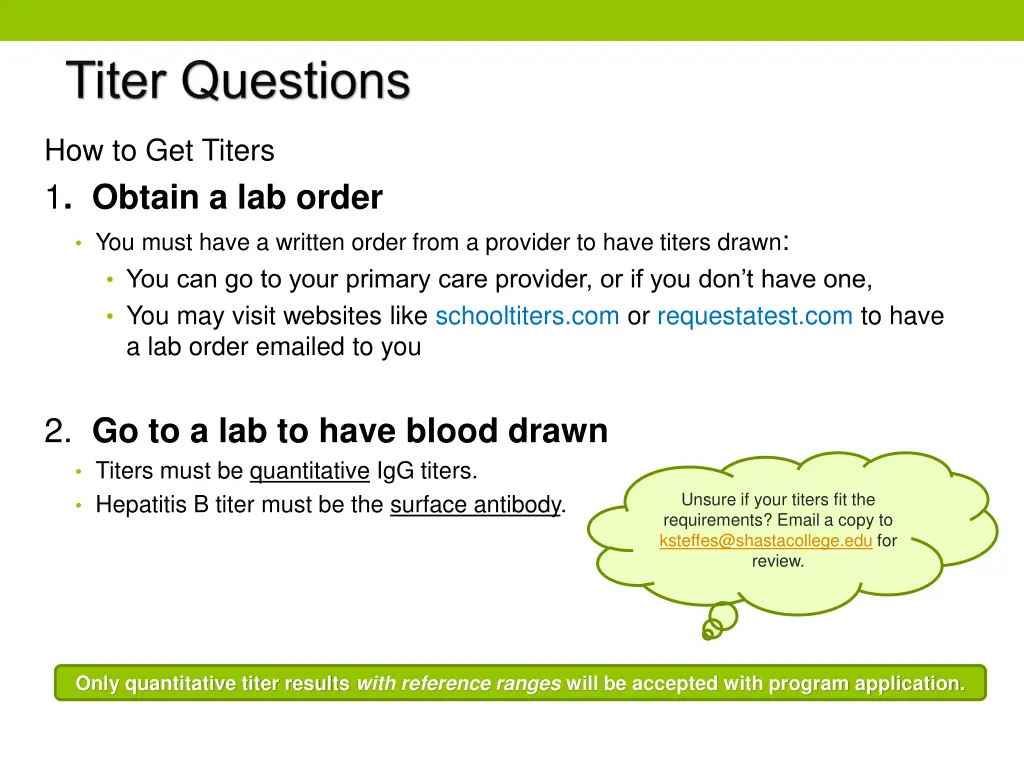 how to get titers 1 obtain a lab order you must