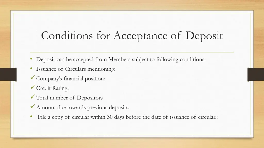 conditions for acceptance of deposit