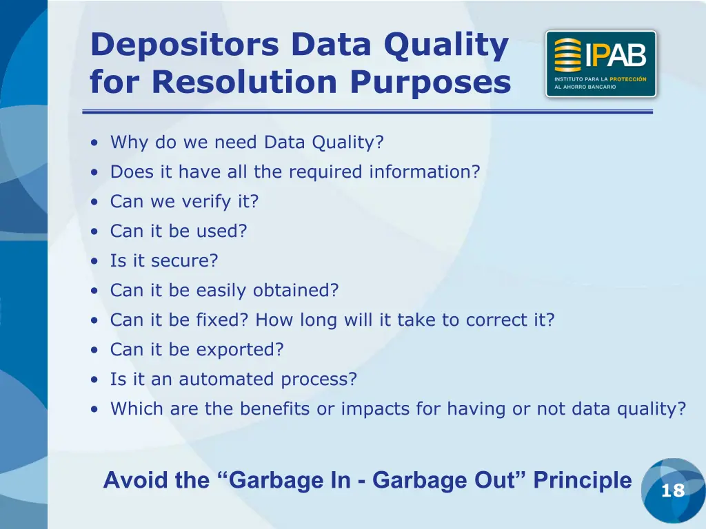 depositors data quality for resolution purposes