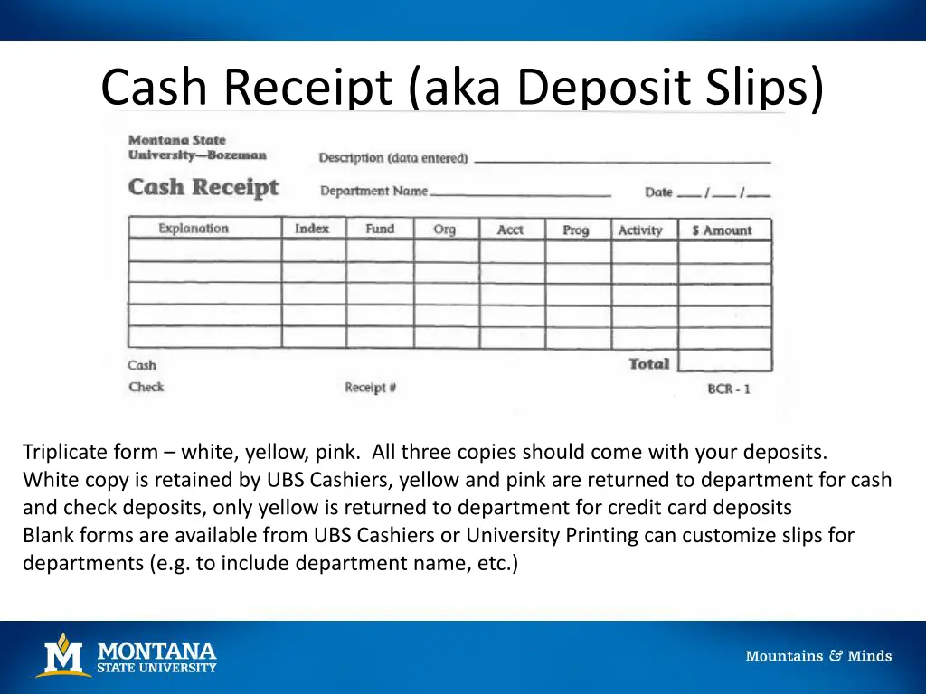 cash receipt aka deposit slips