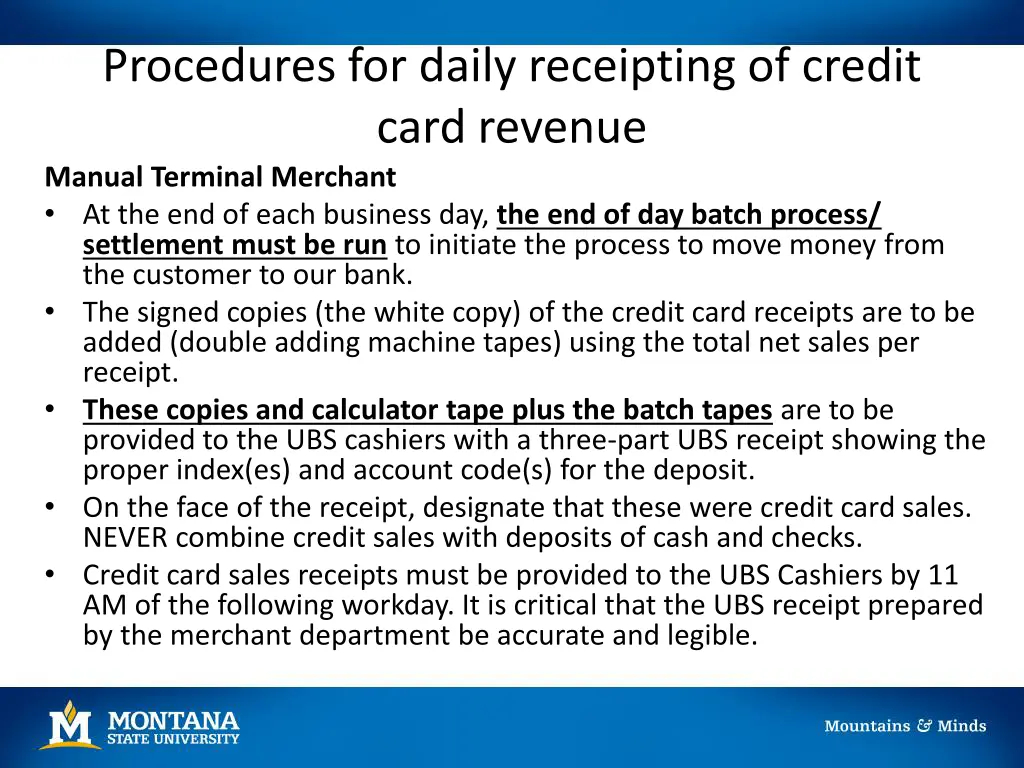 procedures for daily receipting of credit card