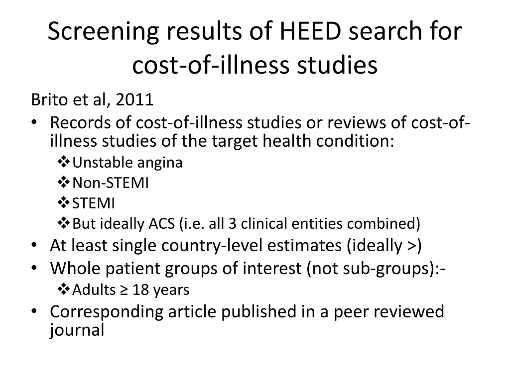 screening results of heed search for cost