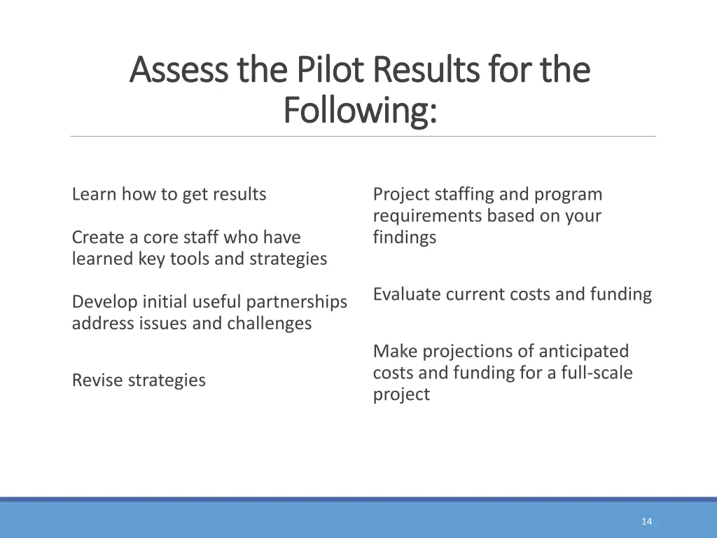 assess the pilot results for the assess the pilot